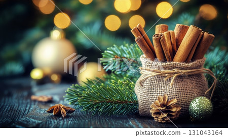 Rustic Bundle of Cinnamon Sticks With Holiday Decorations in Soft Focus Background. 131043164