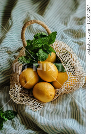 Fresh Lemons With Mint in a Net Bag on a Soft Cloth in a Rustic Setting. 131043204