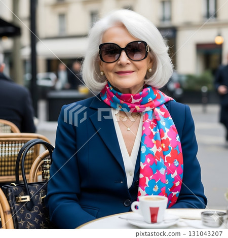 Elegant senior woman with coffee at outdoor cafe 131043207