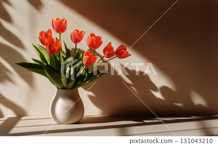 Bright Orange Tulips in a White Vase Create a Warm and Cheerful Atmosphere in Natural Light. Bright Orange Tulips in a White Vase Create a Warm and Cheerful Atmosphere in Natural Light. 131043210
