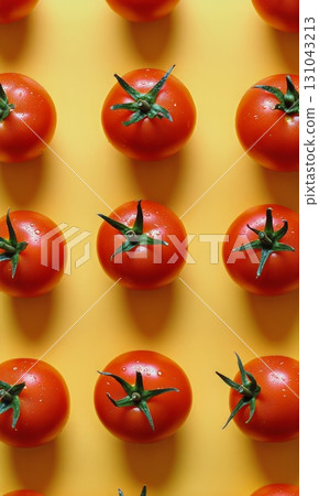 Bright Red Tomatoes Arranged on a Yellow Background Creating a Vibrant Visual Display. 131043213