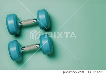 Bright Blue Dumbbells on a Mint Green Surface Ready for Workout or Exercise Routine. 131043275