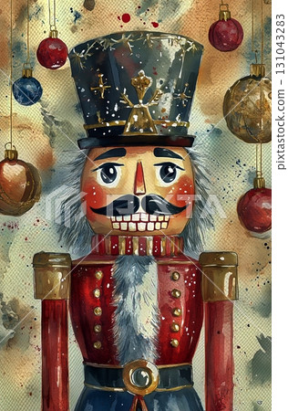 Colorful Nutcracker Decoration Stands out Against a Festive Background of Ornaments and Abstract Designs 131043283