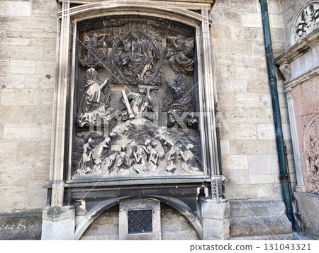 Ancient facades of palaces and churches in Austria, historical sculptures. 131043321
