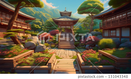 Illustration of a fictional Japanese garden Illustration of a fictional Japanese garden 131043348