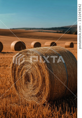 Golden Hay Bales Dotting the Serene Landscape During a Clear Day in Late Summer 131043642