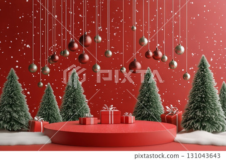 Festive Scene With Christmas Decorations, Trees, and Presents for Holiday Celebrations 131043643