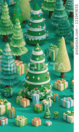 Green Christmas Trees Surrounded by Colorful Gifts in a Festive Winter Scene 131043658