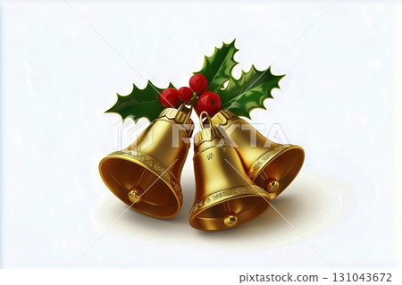 Festive Holiday Bells With Red Ribbon and Green Holly Leaves for Seasonal Decoration. 131043672