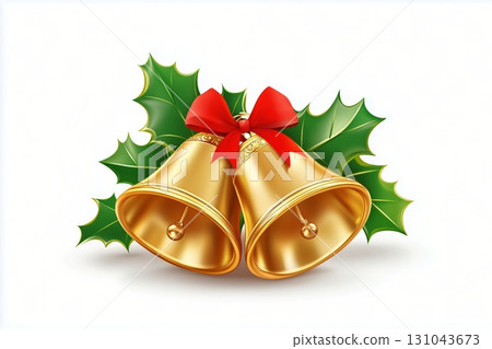 Festive Holiday Bells With Red Ribbon and Green Holly Leaves for Seasonal Decoration 131043673