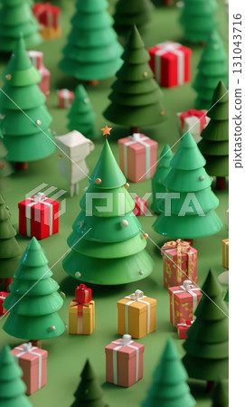 Green Christmas Trees and Colorful Gifts in a Festive Holiday Setting Green Christmas Trees and Colorful Gifts in a Festive Holiday Setting 131043716