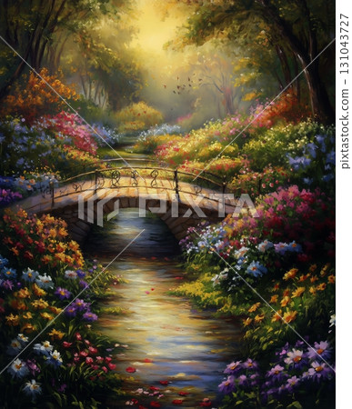Colorful Flowers Bloom Around a Tranquil Bridge in a Serene Garden During Golden Hour 131043727