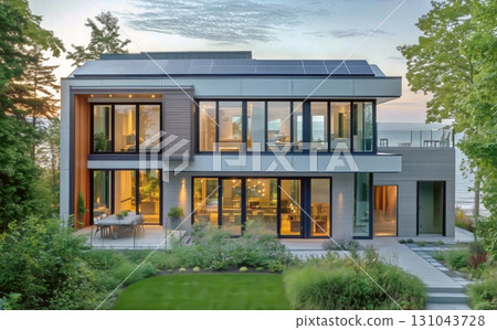 Modern Eco-Friendly House With Solar Panels Set in Lush Greenery at Sunset. 131043728