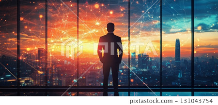 City Skyline at Sunset Reveals a Business Professional Contemplating Future Opportunities 131043754