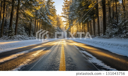 Beautiful Winter Sunrise Over a Snow-Covered Road in a Peaceful Forest Setting. Beautiful Winter Sunrise Over a Snow-Covered Road in a Peaceful Forest Setting. 131043756