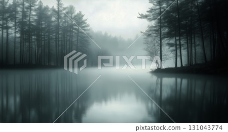 Foggy Lake Surrounded by Pine Trees Creates a Tranquil Morning Scene at Dawn 131043774