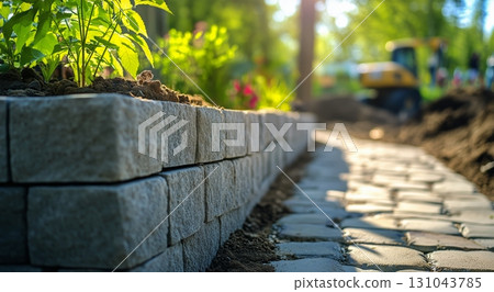 Landscaping Project With Stone Pathway and Colorful Plants in a Sunny Outdoor Setting 131043785