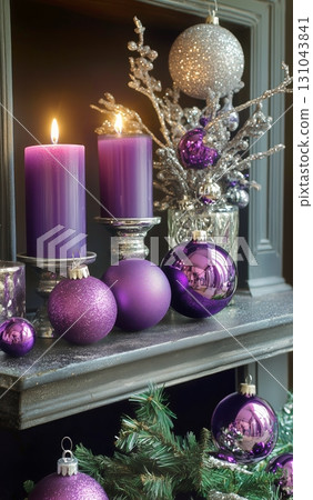 Festive Purple Candle Display With Ornaments and Greenery for Holiday Celebrations. 131043841