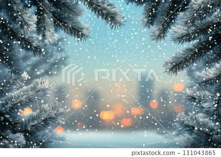 Snowy Scene With Frosted Pine Branches and Blurred City Lights in Winter Evening 131043865