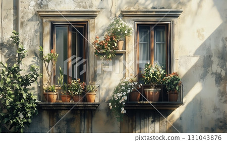 Charming Window Boxes Filled With Colorful Flowers in Warm Afternoon Light on a Rustic Wall Charming Window Boxes Filled With Colorful Flowers in Warm Afternoon Light on a Rustic Wall 131043876