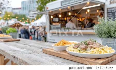 Delicious pasta dish served on wooden table at outdoor food market with vibrant atmosphere 131043966
