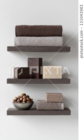 Bathroom shelf showcases towels and soaps in rich chocolate and coffee tones for a warm, inviting feel 131043983