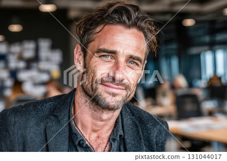 Confident man with blue eyes smiling in a modern office environment showcasing professional demeanor 131044017