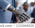 Futuristic robotic prosthetic arm showcased by a professional in a modern business environment 131044026