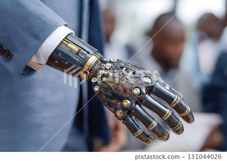 Futuristic robotic prosthetic arm showcased by a professional in a modern business environment Futuristic robotic prosthetic arm showcased by a professional in a modern business environment 131044026