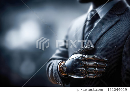 Futuristic businessman with robotic hand in a tailored suit showcasing advanced technology and innovation 131044029