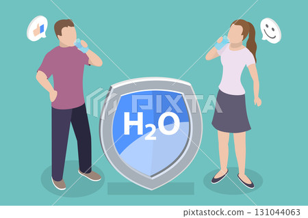3D Isometric Flat Vector Illustration of Hydration, People Cleans Toxins With Aqua Therapy While Drinking Water 131044063