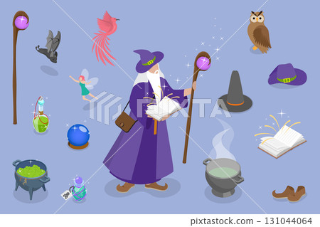 3D Isometric Flat Vector Illustration of Wizard Character, MagicianS Wizardry Set 131044064