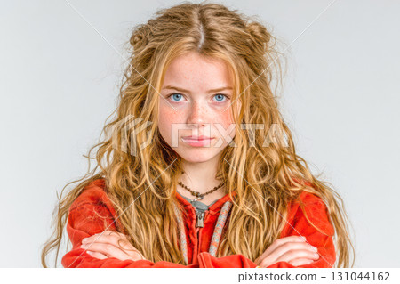Young girl with long curly hair wearing red hoodie, arms crossed, expressing confidence and determination 131044162