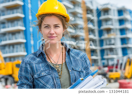 Female construction manager wearing hard hat, holding blueprints on building site with machinery 131044181