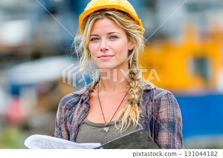 Female construction worker with hard hat holding blueprints at a busy construction site Female construction worker with hard hat holding blueprints at a busy construction site 131044182