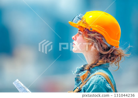 Young woman construction worker wearing safety helmet and holding blueprints on site 131044236