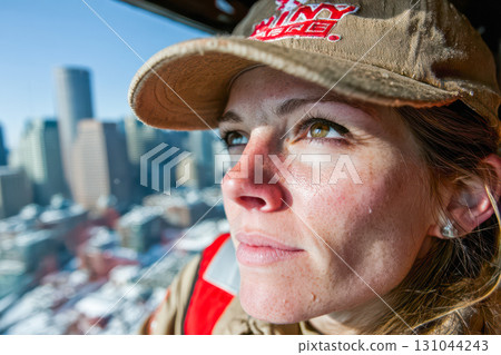 Female construction worker gazing thoughtfully out of a high-rise building with city skyline view 131044243