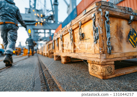 Wooden cargo crates lined along a shipping dock with workers and containers in the background Wooden cargo crates lined along a shipping dock with workers and containers in the background 131044257