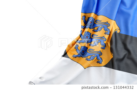 Flag of Estonia with Coat of arms with empty space on the left. Isolated. 3D Rendering 131044332