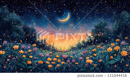 Watercolor painting of a starry night sky with a glowing crescent moon above a vibrant flower garden, capturing a dreamy, peaceful, and whimsical atmosphere perfect for fantasy and nature lovers 131044416