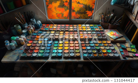 A table full of watercolor art supplies, paint boxes, and brushes arranged in an artistic still life scene, highlighting the tools of creativity and color mixing in a studio or home workspace 131044417