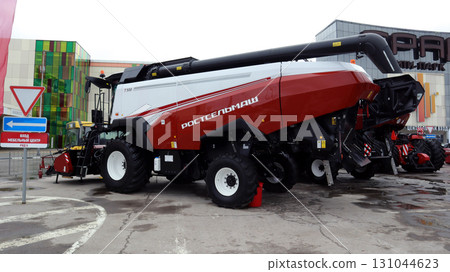 VORONEZH, Russia - March 5, 2025.An agricultural machinery exhibition features a grain harvester on display, highlighting its advanced design and capabilities.Editorial Use Only.  131044623