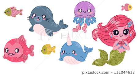 set of cute colorful cartoon mermaid 131044632