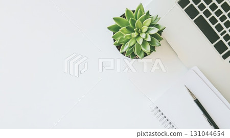 Minimalist workspace featuring laptop, blank notepad, pen, succulent plant on clean white surface, exemplifying contemporary home office design for professional bloggers 131044654