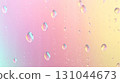 Gradient background blending soft pink and warm yellow, water droplets cascading smoothly across glossy surface, forming elegant abstract visual pattern 131044673