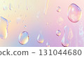 Vibrant water droplets splashing across soft pastel surface, generating dynamic geometric patterns with shimmering iridescent color variations 131044680