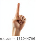 Hand pointing with index finger upwards on white background, conceptual minimalist, pointing and emphasizing gesture 131044706