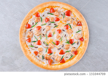 Chicken Pizza with Mushrooms Cherry Tomatoes and Green Onions on Cheese Base Chicken Pizza with Mushrooms Cherry Tomatoes and Green Onions on Cheese Base 131044709