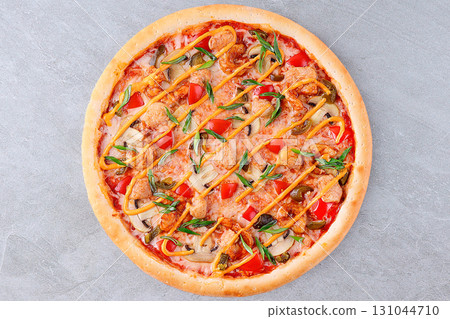 Spicy Chicken Pizza with Bell Peppers, Mushrooms, Jalapenos, Onions, and Fresh Green Onions on Tomato Sauce Spicy Chicken Pizza with Bell Peppers, Mushrooms, Jalapenos, Onions, and Fresh Green Onions on Tomato Sauce 131044710