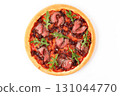 Gourmet Roast Beef Pizza with Caramelized Onions, Arugula, Tomato Sauce and Grated Cheese on White Background 131044770